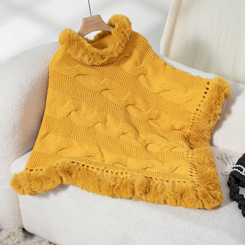 Ponchos- Women Elegant Fur-Trimmed Poncho- Yellow- IndioGear.com