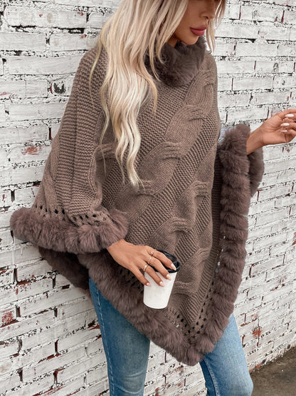 Ponchos- Women Elegant Fur-Trimmed Poncho- - IndioGear.com