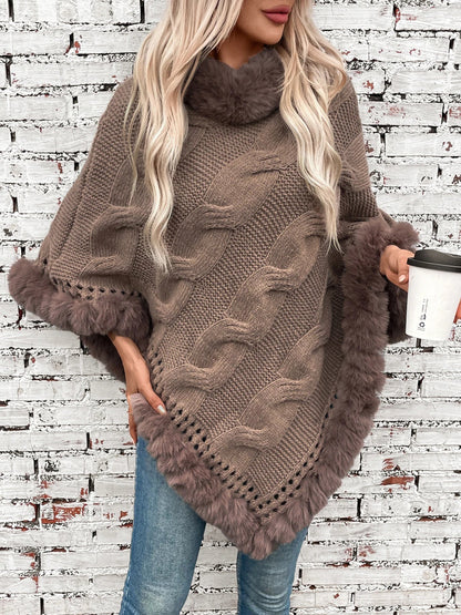 Ponchos- Women Elegant Fur-Trimmed Poncho- - IndioGear.com