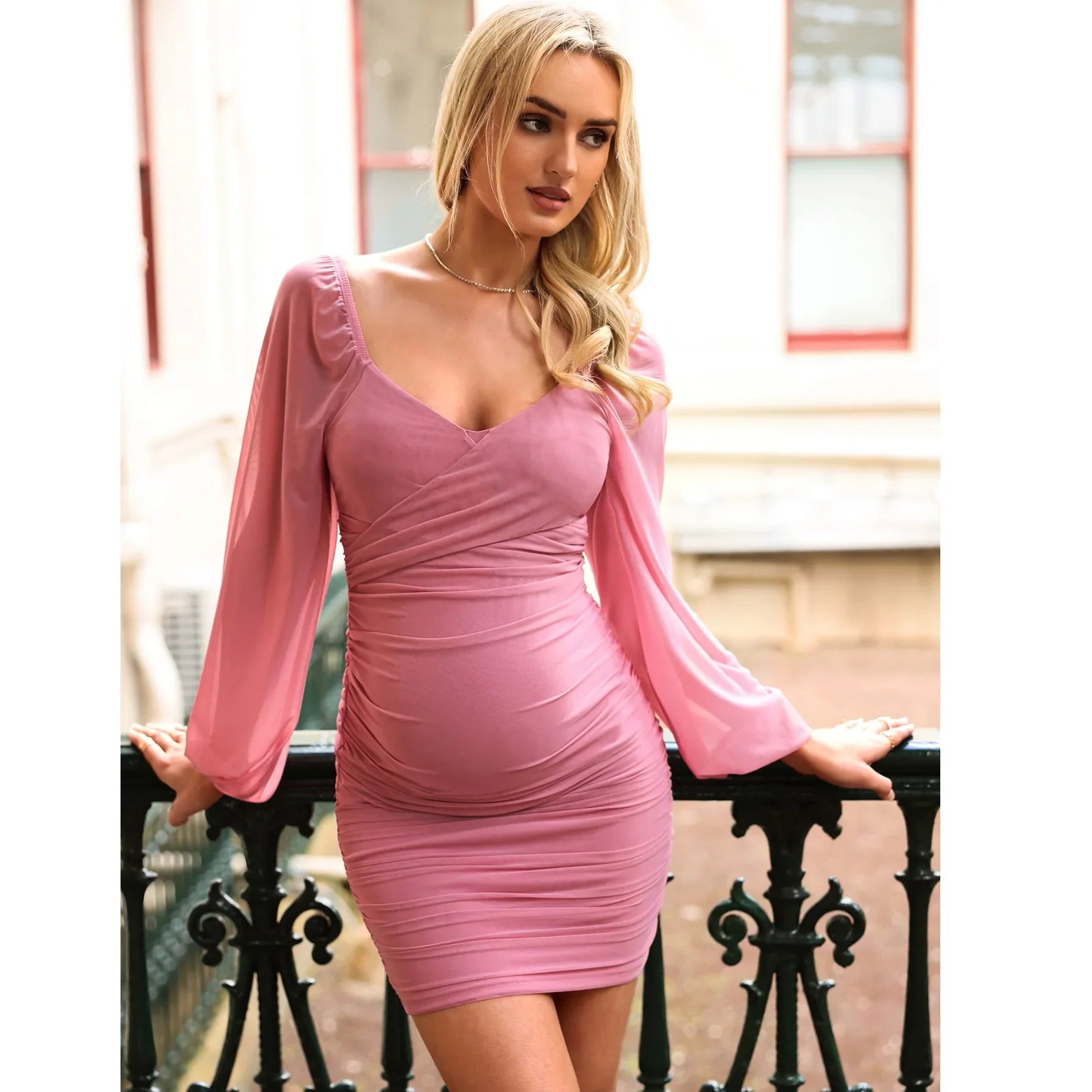 Pregnancy Dresses- Chic Maternity Ruched Dress with Mesh Sleeves- Pink- IndioGear Women Clothing