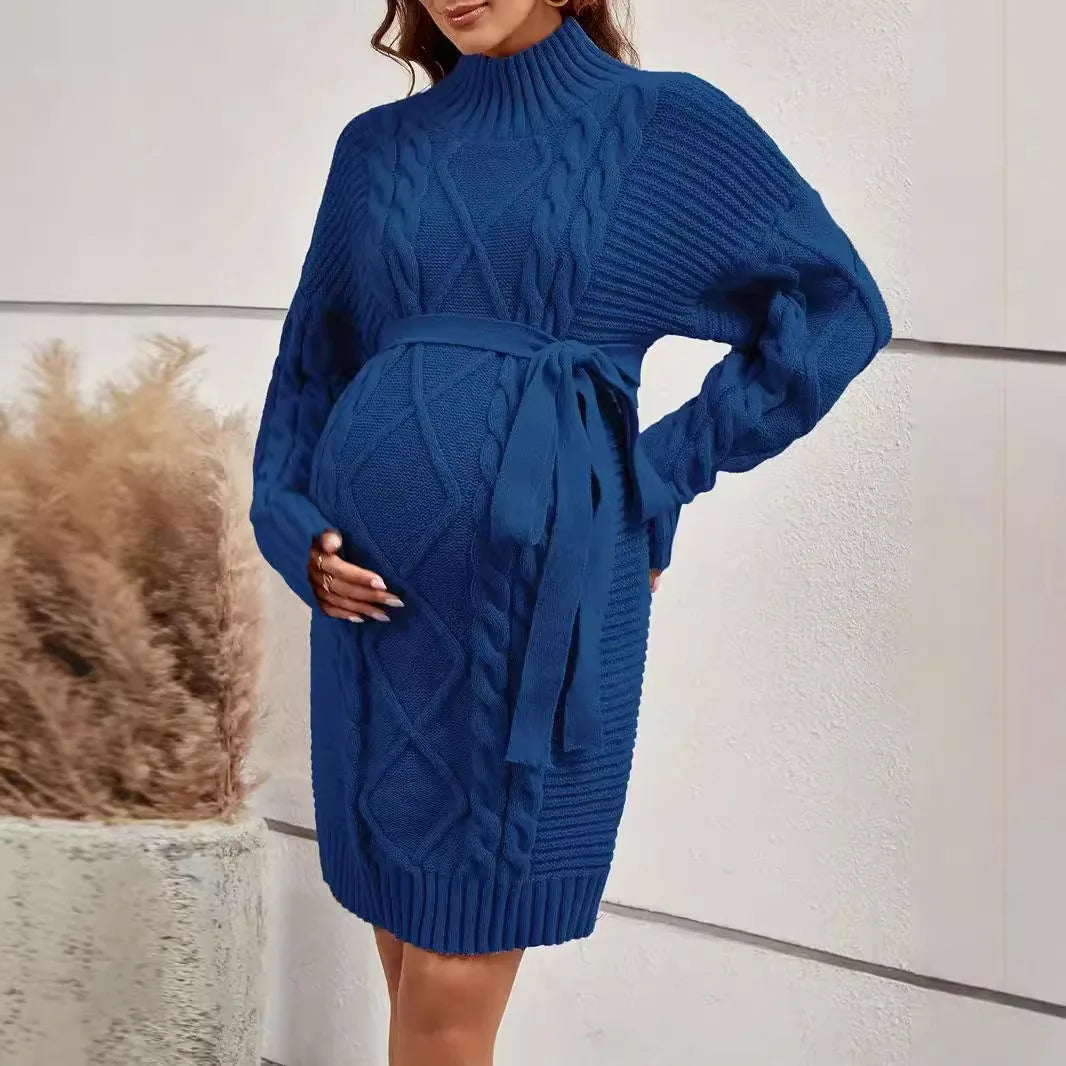 Pregnancy Dresses- Cozy Maternity Turtleneck Sweater Dress- Blue- IndioGear Women Clothing