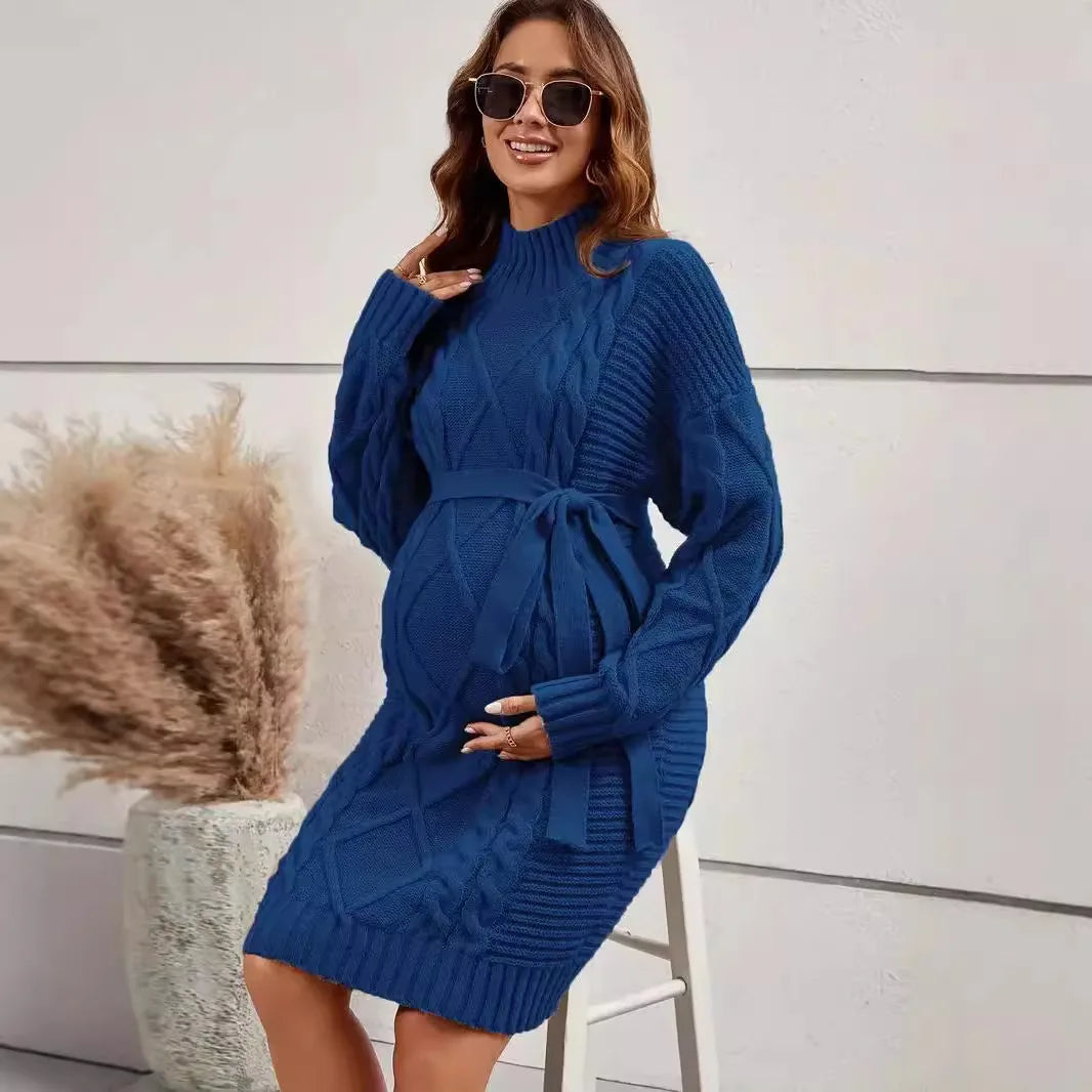 Pregnancy Dresses- Cozy Maternity Turtleneck Sweater Dress- - IndioGear Women Clothing