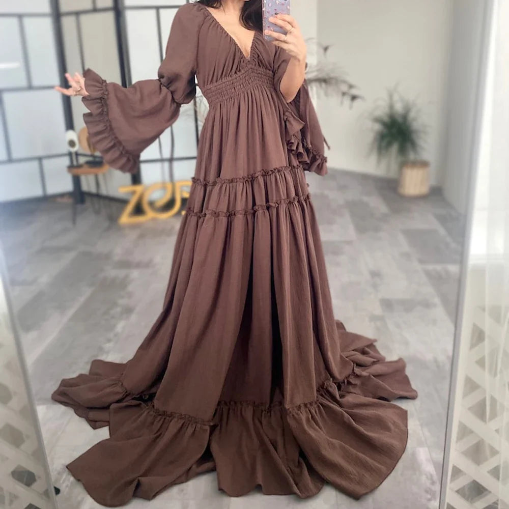 Pregnancy Dresses- Graceful Floor-Length Maternity Portrait Gown Cotton Linen Dress- - IndioGear Women Clothing