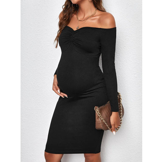 Pregnancy Dresses- Mama Glow Long Sleeve Midi- Black- IndioGear Women Clothing