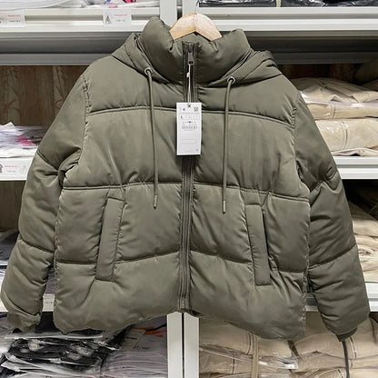 Puffer Jackets- Elegant Hooded Puffer Jacket for Her- Army green- IndioGear.com