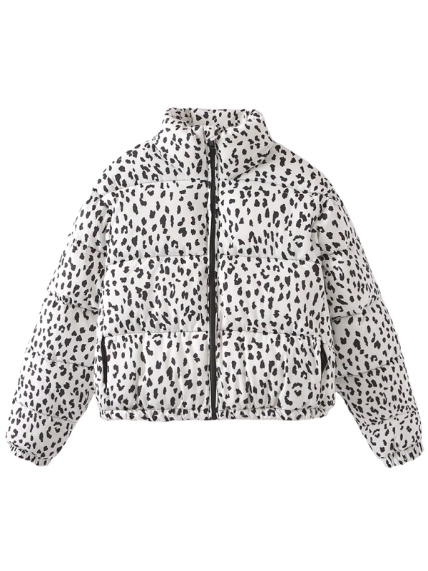 Puffer Jackets- Leopard Print Puffer Jacket for Chilly Evenings- White- IndioGear.com