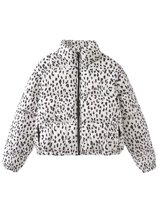 Puffer Jackets- Leopard Print Puffer Jacket for Chilly Evenings- White- IndioGear.com