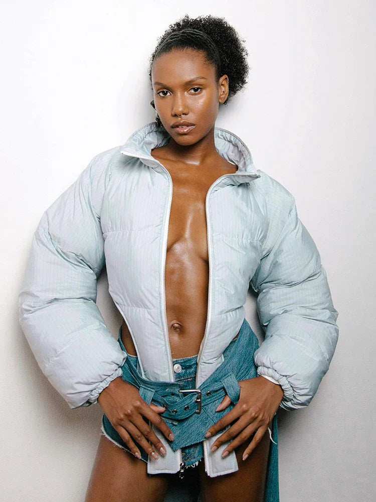 Puffer Jackets- Sky Hug Asymmetrical Jacket- Blue- IndioGear.com