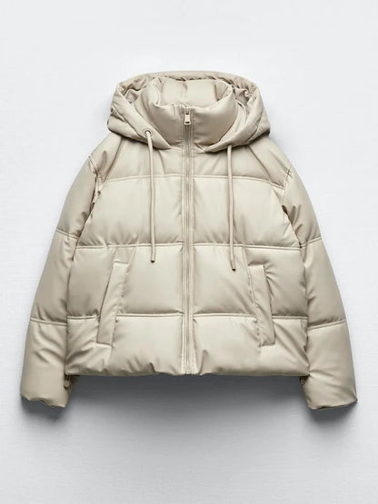 Puffer Jackets- Women's Hip-Length Puffer Jacket for Winter Walks- Beige- IndioGear.com