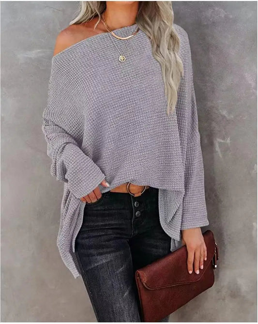 Pullover Blouses - Asymmetric Hems Textured Knit Casual Top