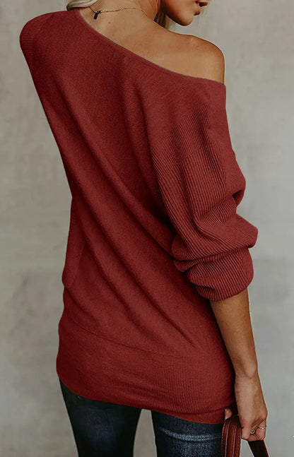 Pullover Blouses - Chic Draped One-Shoulder Ribbed Knit Blouse