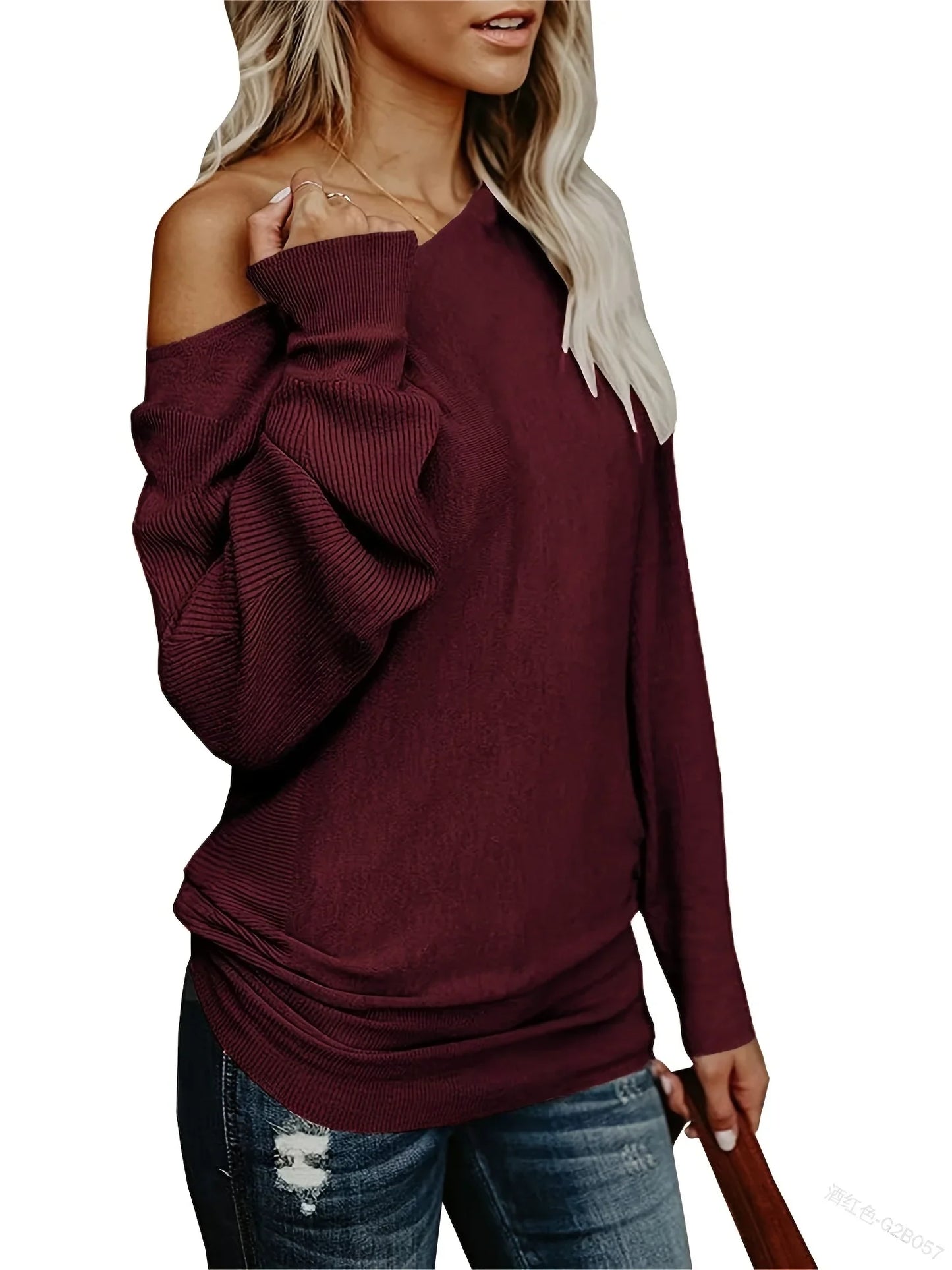 Pullover Blouses - Chic Draped One-Shoulder Ribbed Knit Blouse