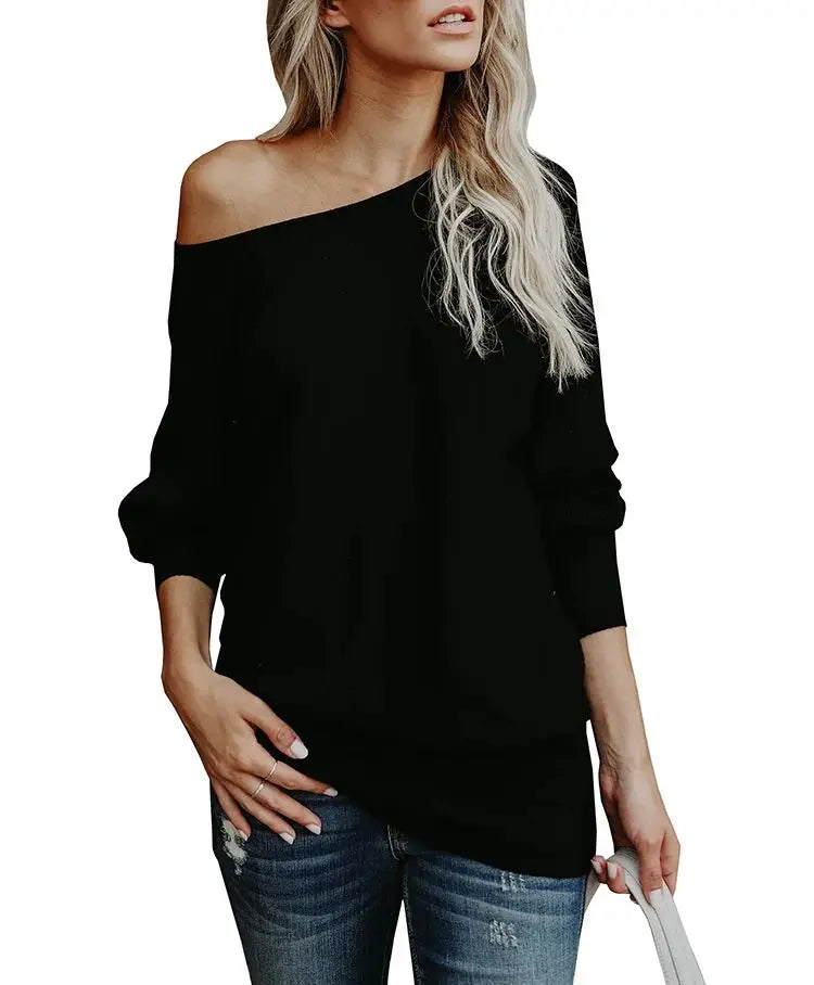 Pullover Blouses - Chic Draped One-Shoulder Ribbed Knit Blouse