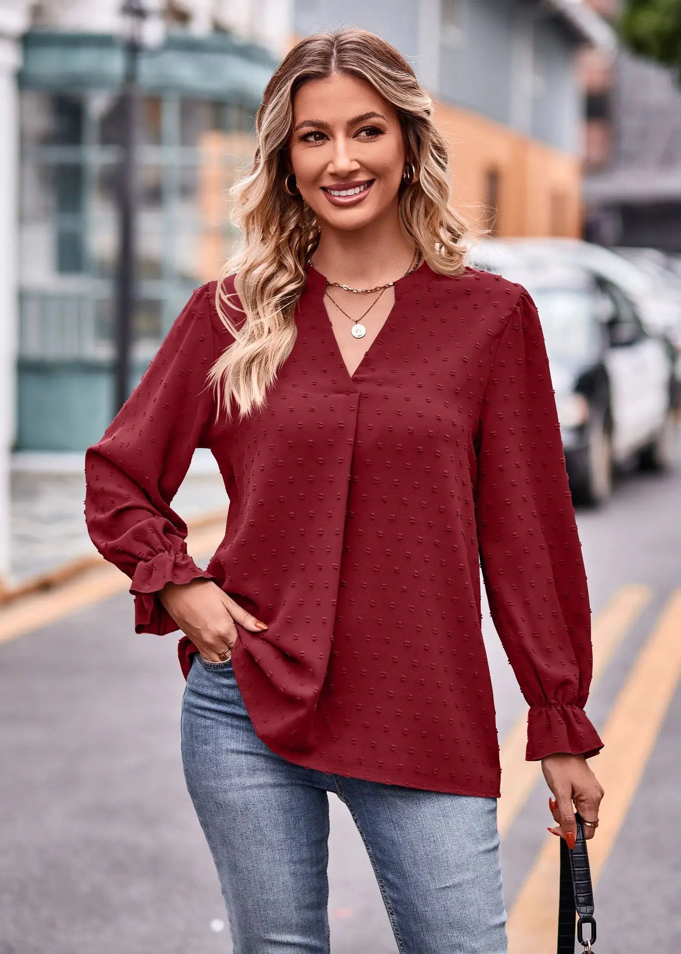 Pullover Blouses- Day-to-Night V-Neck Blouse- - IndioGear.com