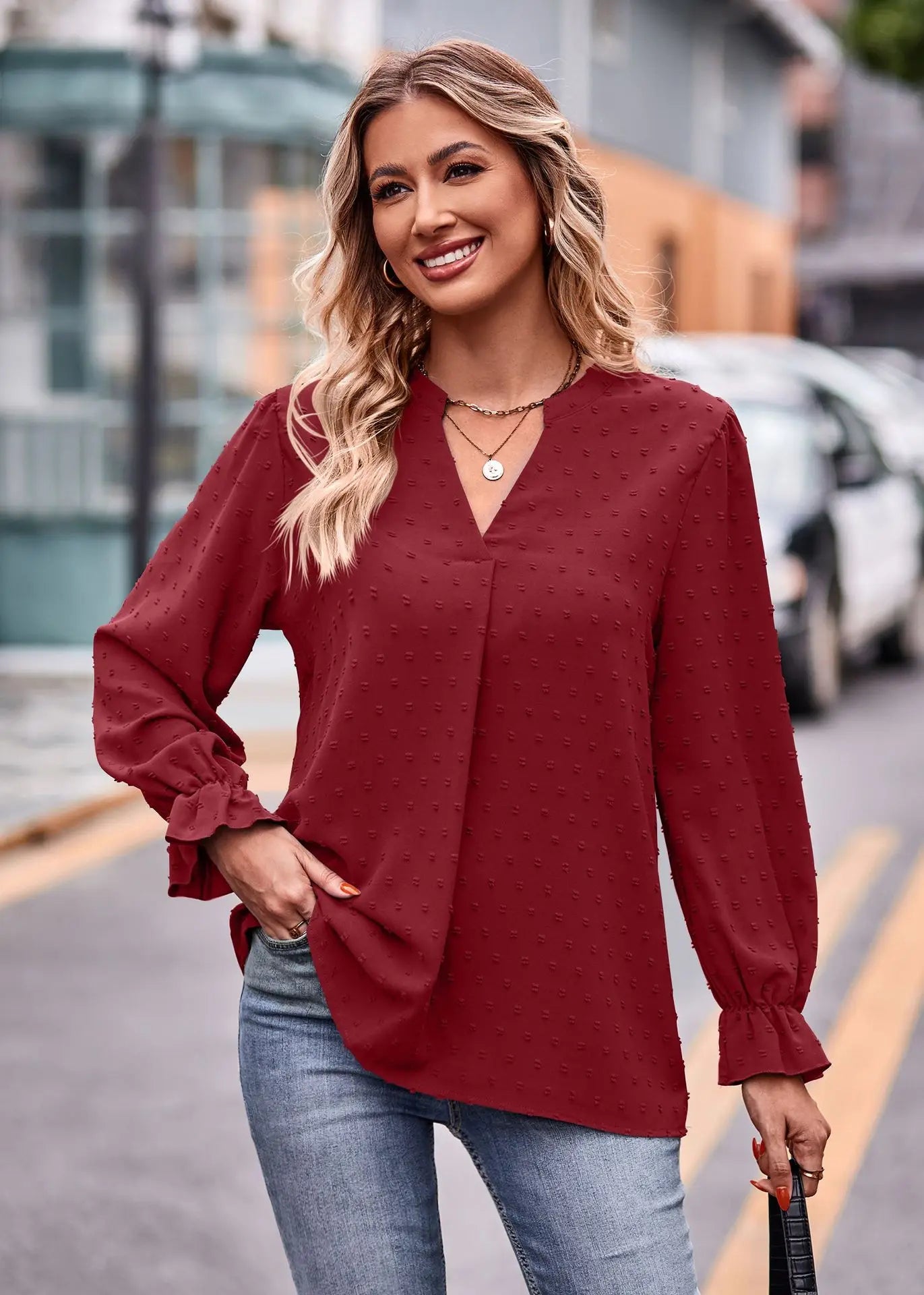 Pullover Blouses- Day-to-Night V-Neck Blouse- - IndioGear.com