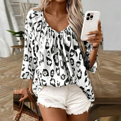 Pullover Blouses - Flowy Leopard Print Bohemian Top