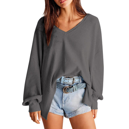 Pullover Blouses- Slouchy Waffle Textured Knit for Relaxed Days- Grey- IndioGear.com