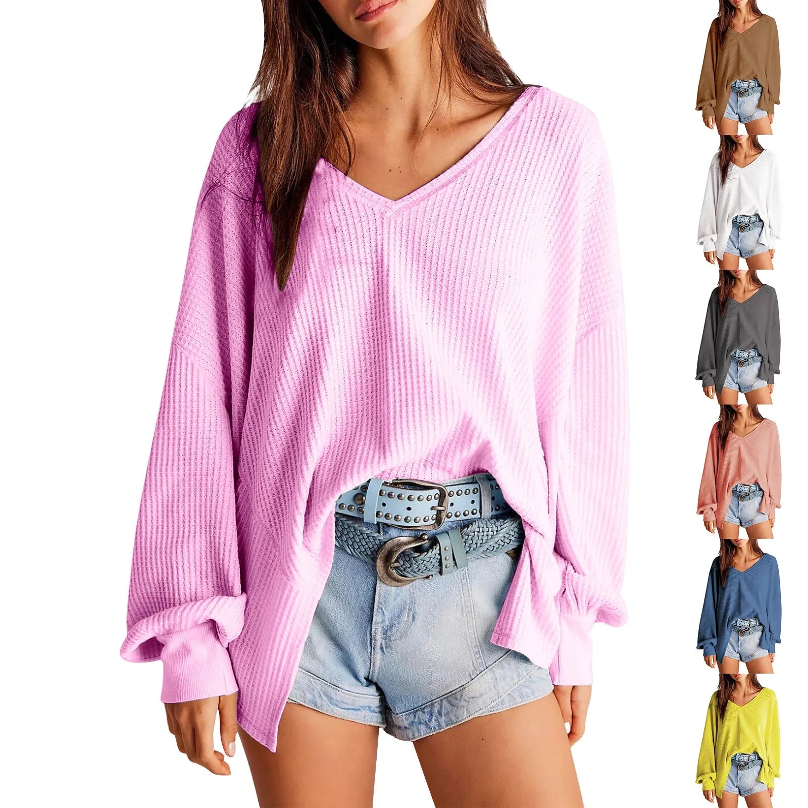 Pullover Blouses- Slouchy Waffle Textured Knit for Relaxed Days- - IndioGear.com