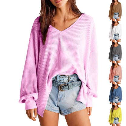 Pullover Blouses- Slouchy Waffle Textured Knit for Relaxed Days- - IndioGear.com