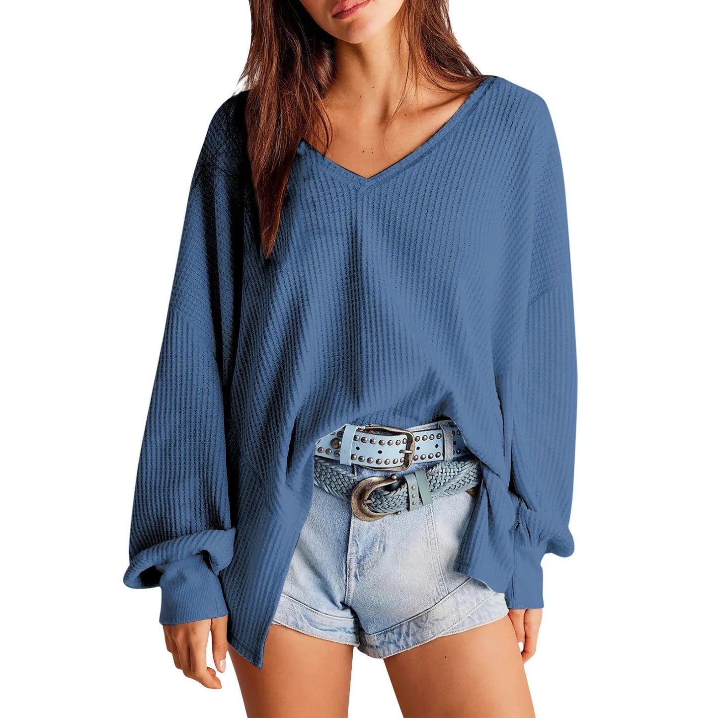 Pullover Blouses- Slouchy Waffle Textured Knit for Relaxed Days- Blue- IndioGear.com