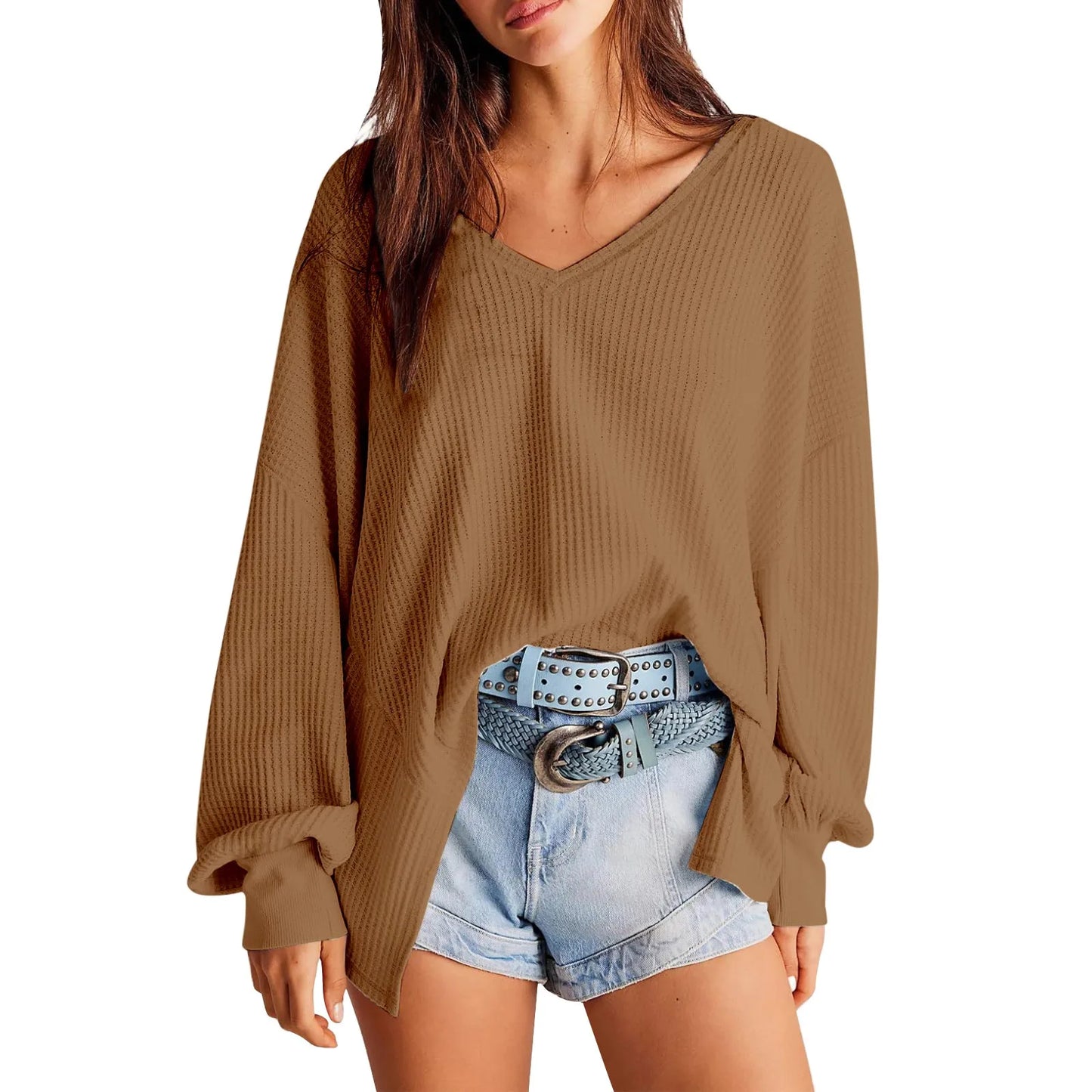 Pullover Blouses- Slouchy Waffle Textured Knit for Relaxed Days- Brown- IndioGear.com