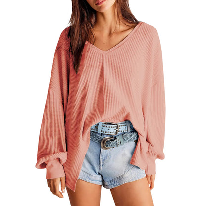 Pullover Blouses- Slouchy Waffle Textured Knit for Relaxed Days- Red- IndioGear.com