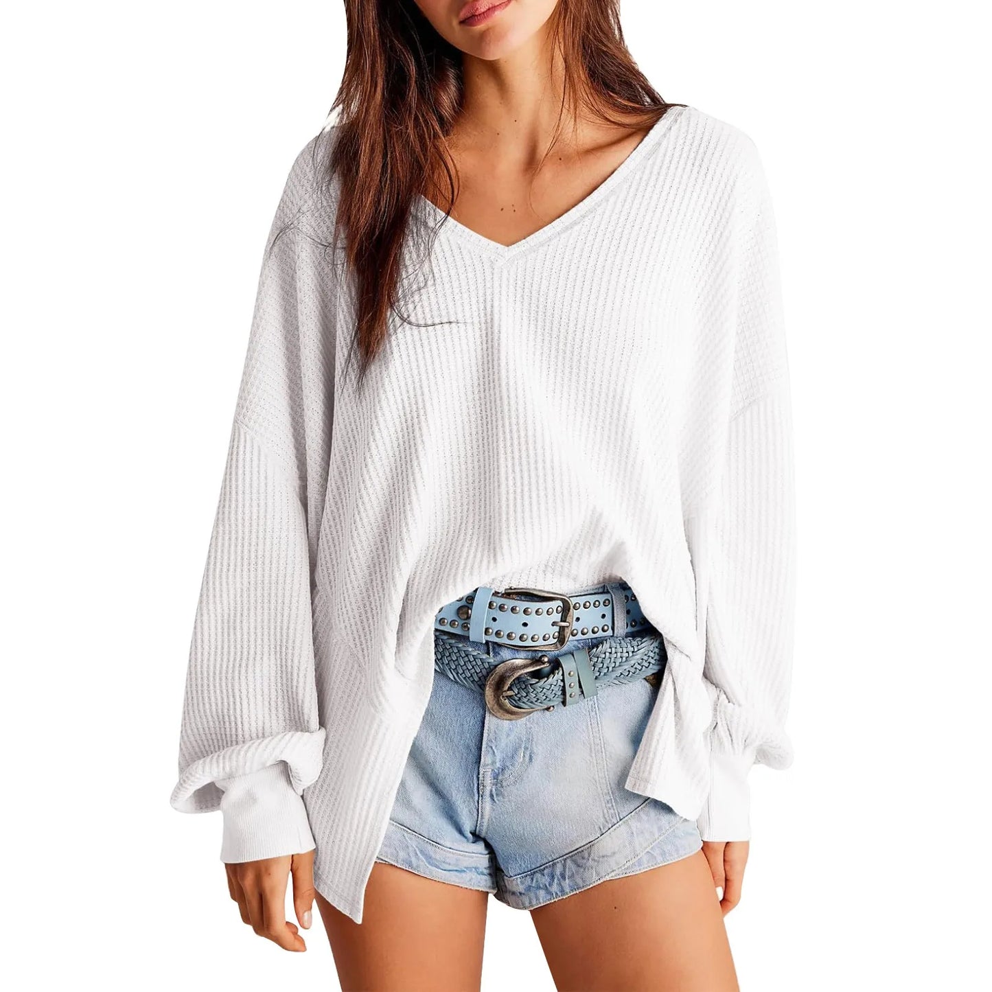 Pullover Blouses- Slouchy Waffle Textured Knit for Relaxed Days- White- IndioGear.com