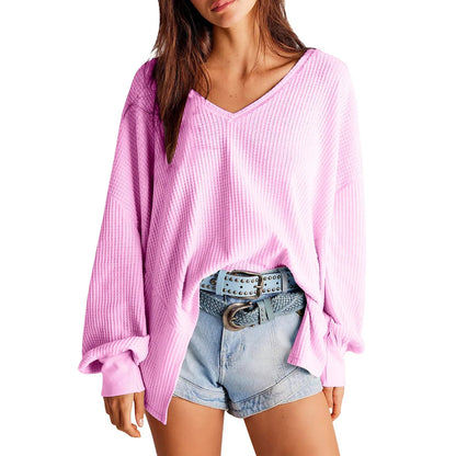 Pullover Blouses- Slouchy Waffle Textured Knit for Relaxed Days- Pink- IndioGear.com