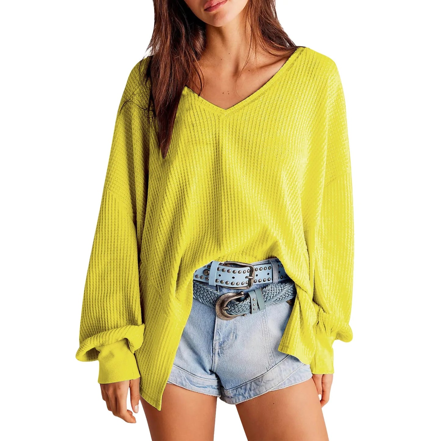 Pullover Blouses- Slouchy Waffle Textured Knit for Relaxed Days- Yellow- IndioGear.com