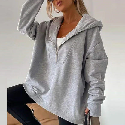 Pullover Hoodies- Oversized Half-Zip Lounge Hoodie- Grey- IndioGear.com