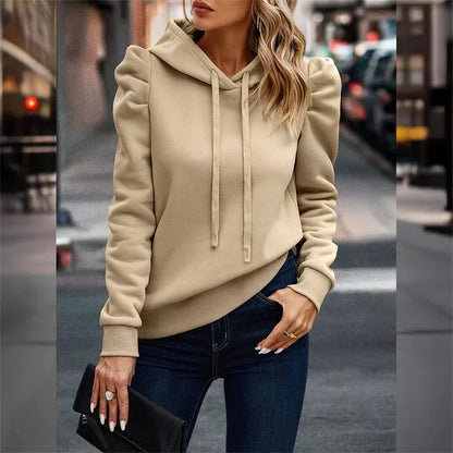 Pullover Hoodies- Women’s Cozy Pullover Hoodie with Puffed Sleeves- Beige- IndioGear.com