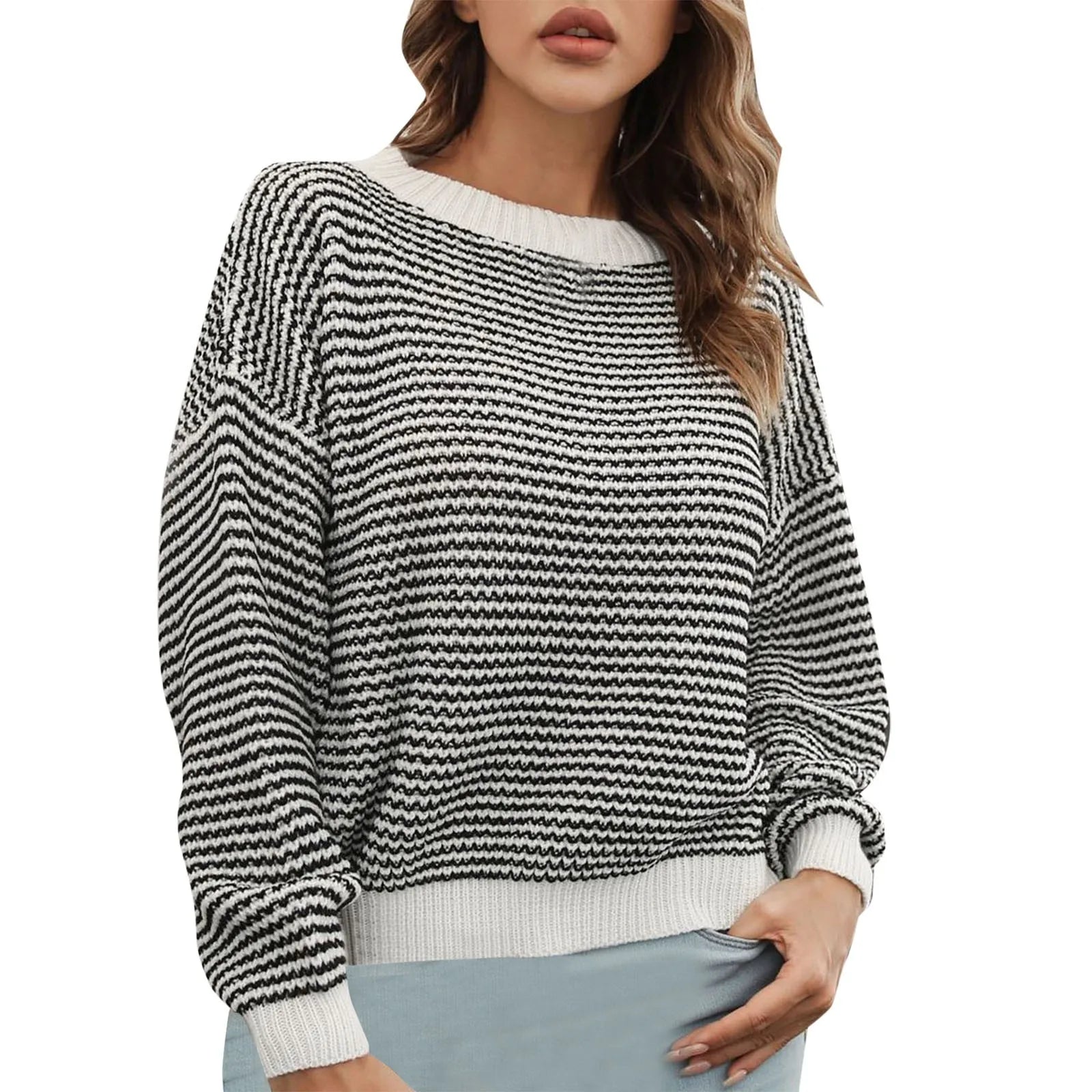 Pullover Sweaters - Bold Black & White Striped Knit Pullover Sweater