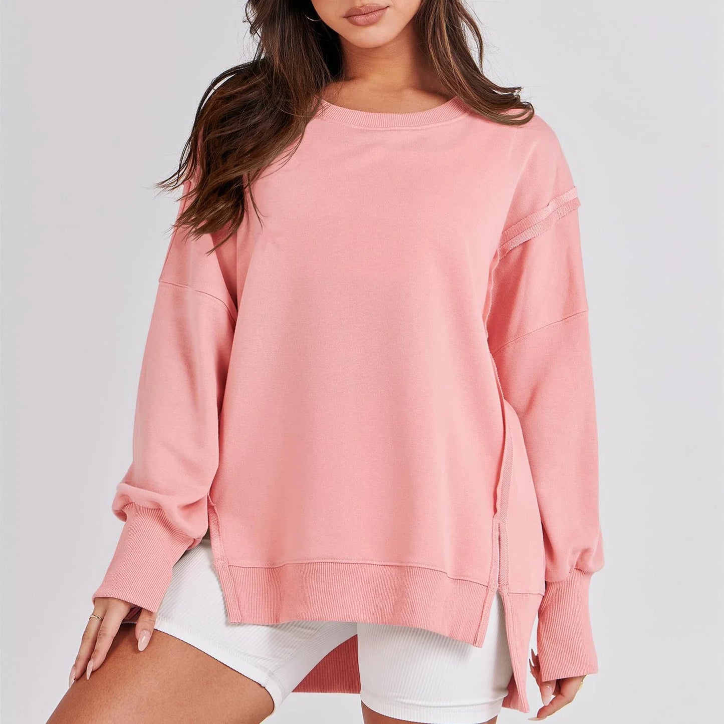 Pullover Sweaters- Casual High-low Hem Baggy Sweatshirt-Side Slits- - IndioGear.com