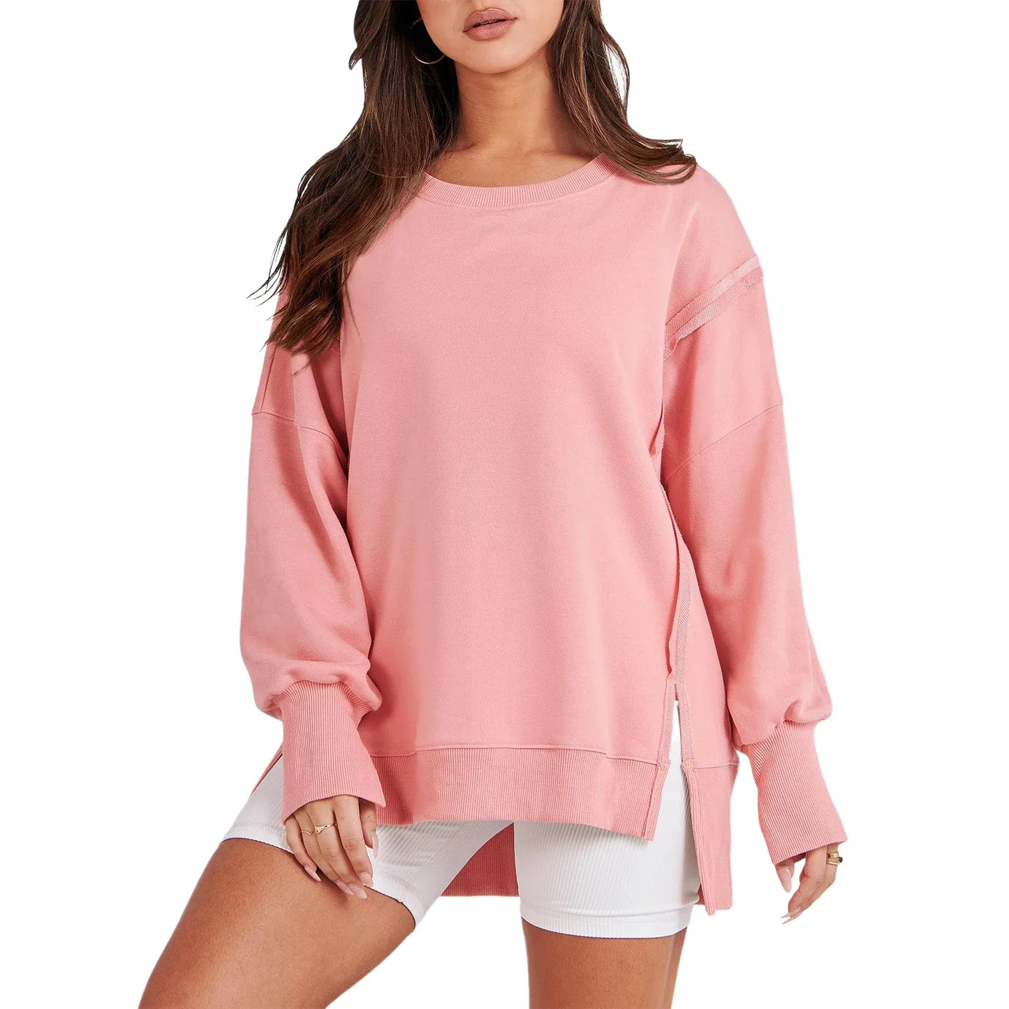 Pullover Sweaters- Casual High-low Hem Baggy Sweatshirt-Side Slits- Pink- IndioGear.com