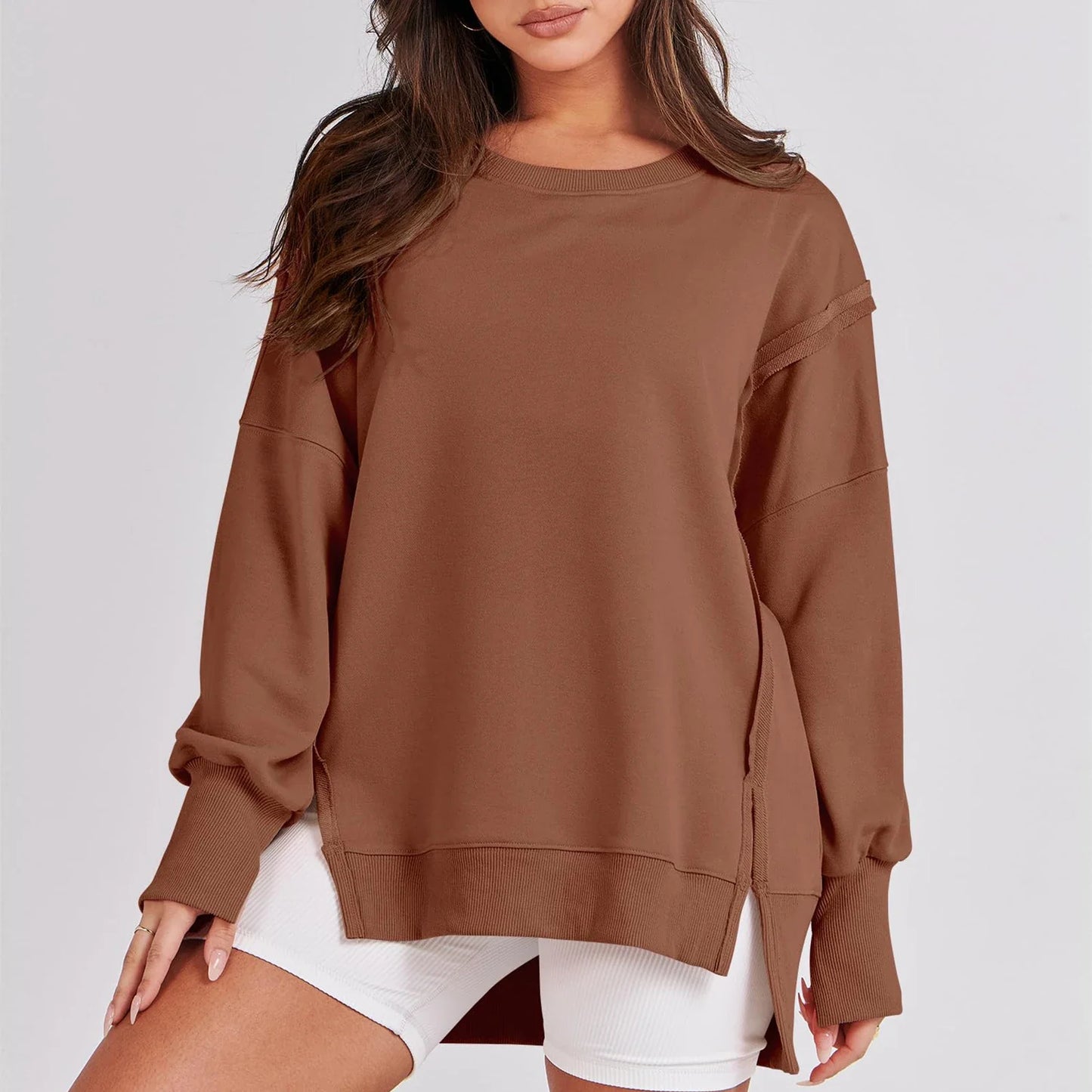 Pullover Sweaters- Casual High-low Hem Baggy Sweatshirt-Side Slits- - IndioGear.com