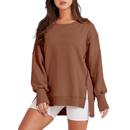 Pullover Sweaters- Casual High-low Hem Baggy Sweatshirt-Side Slits- Coffee- IndioGear.com