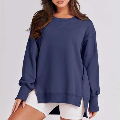 Pullover Sweaters- Casual High-low Hem Baggy Sweatshirt-Side Slits- - IndioGear.com