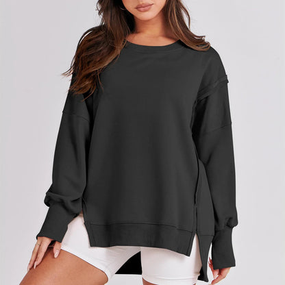 Pullover Sweaters- Casual High-low Hem Baggy Sweatshirt-Side Slits- - IndioGear.com