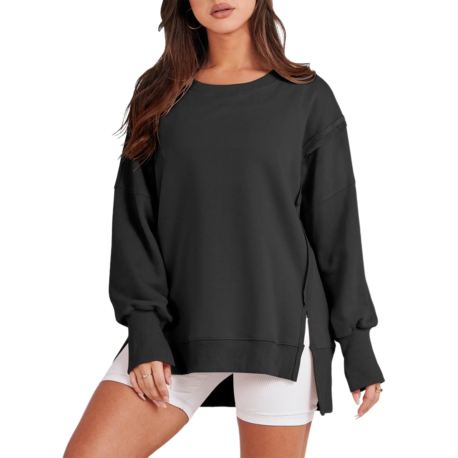 Pullover Sweaters- Casual High-low Hem Baggy Sweatshirt-Side Slits- Black- IndioGear.com