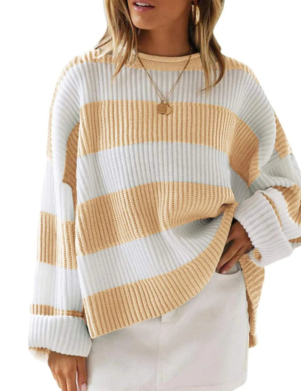 Pullover Sweaters - Casual Striped Chilly Season Oversized Pullover Sweater”