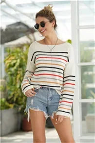 Pullover Sweaters- Chic Multicolor Striped Knit Pullover- - IndioGear.com