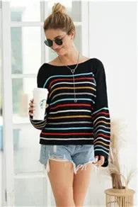 Pullover Sweaters- Chic Multicolor Striped Knit Pullover- - IndioGear.com