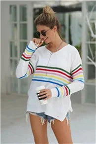 Pullover Sweaters- Chic Multicolor Striped Knit Pullover- - IndioGear.com