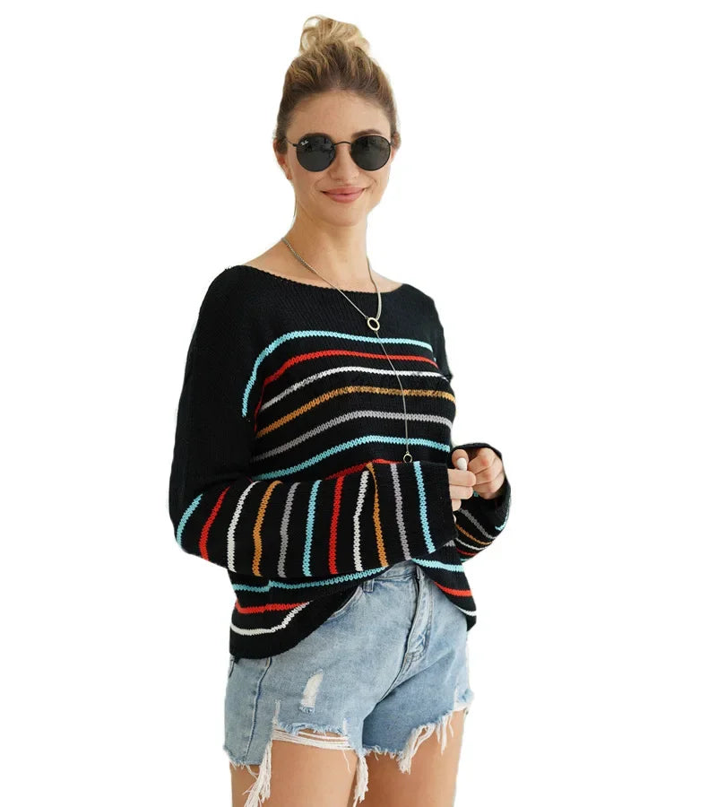 Pullover Sweaters- Chic Multicolor Striped Knit Pullover- - IndioGear.com