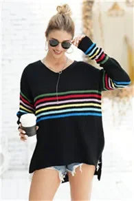 Pullover Sweaters- Chic Multicolor Striped Knit Pullover- - IndioGear.com