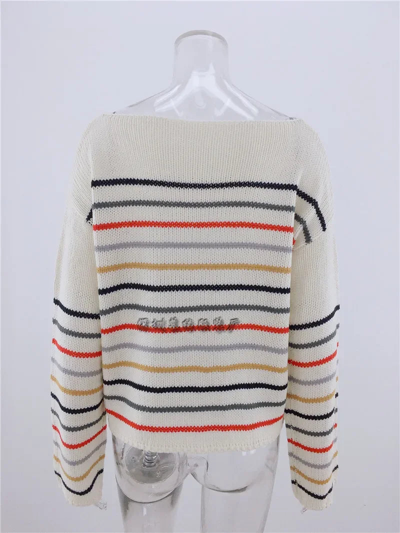 Pullover Sweaters- Chic Multicolor Striped Knit Pullover- - IndioGear.com