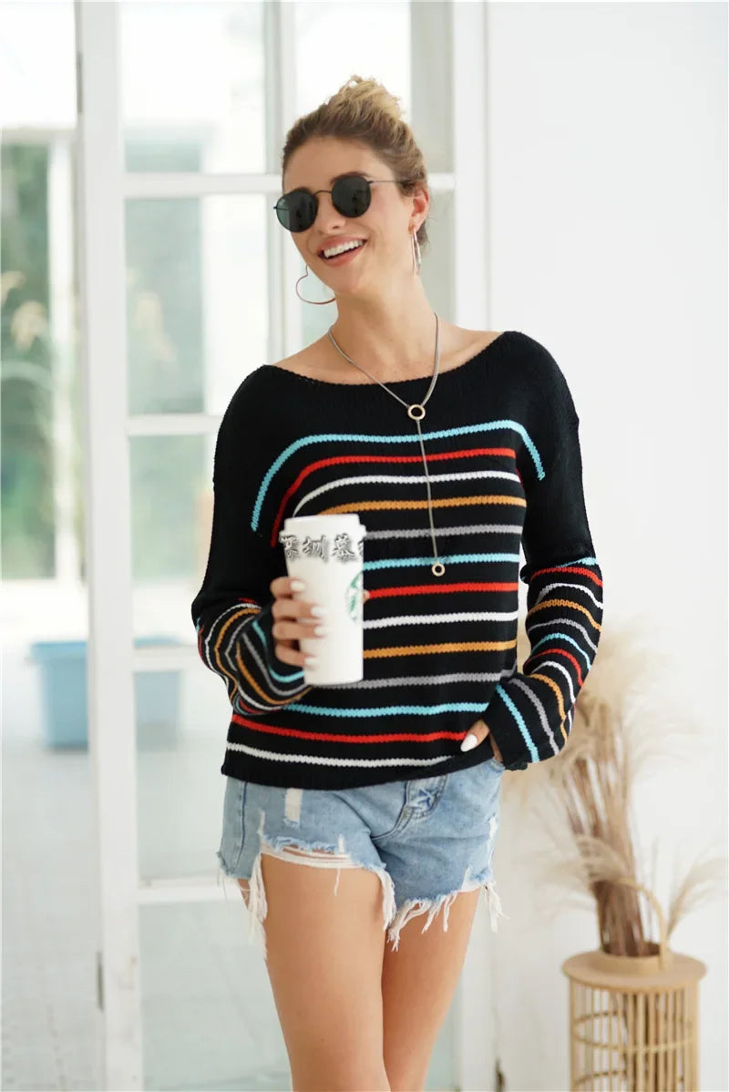 Pullover Sweaters- Chic Multicolor Striped Knit Pullover- - IndioGear.com