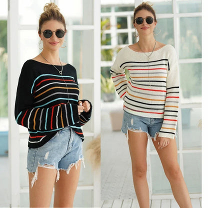 Pullover Sweaters- Chic Multicolor Striped Knit Pullover- - IndioGear.com