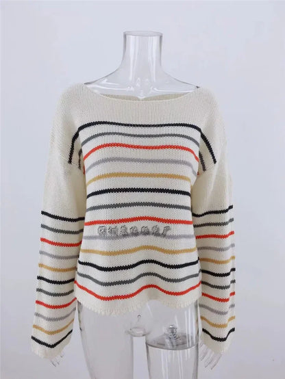 Pullover Sweaters- Chic Multicolor Striped Knit Pullover- - IndioGear.com