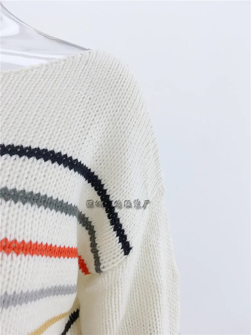 Pullover Sweaters- Chic Multicolor Striped Knit Pullover- - IndioGear.com